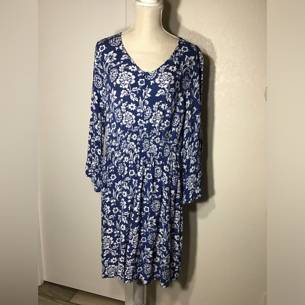 J GEE WOMENS MINI DRESS BLUE/WHITE FLORAL LONG SLEEVE BOHO SIZE XL